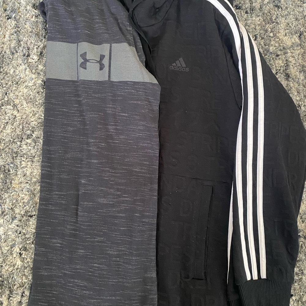 Under Armour Gray Long sleeve hoody tshirt, and Adidas Black Stripe Hoody